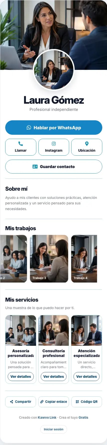 Ejemplo completo de un perfil digital Kawvo dentro de la demo