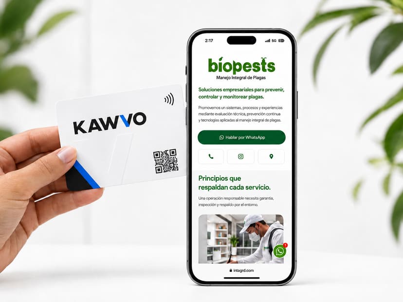 Tarjeta digital Kawvo junto a una presentación comercial en el móvil