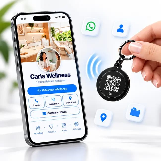 Llavero inteligente Kawvo junto a una presentación digital KawLink abierta en un teléfono