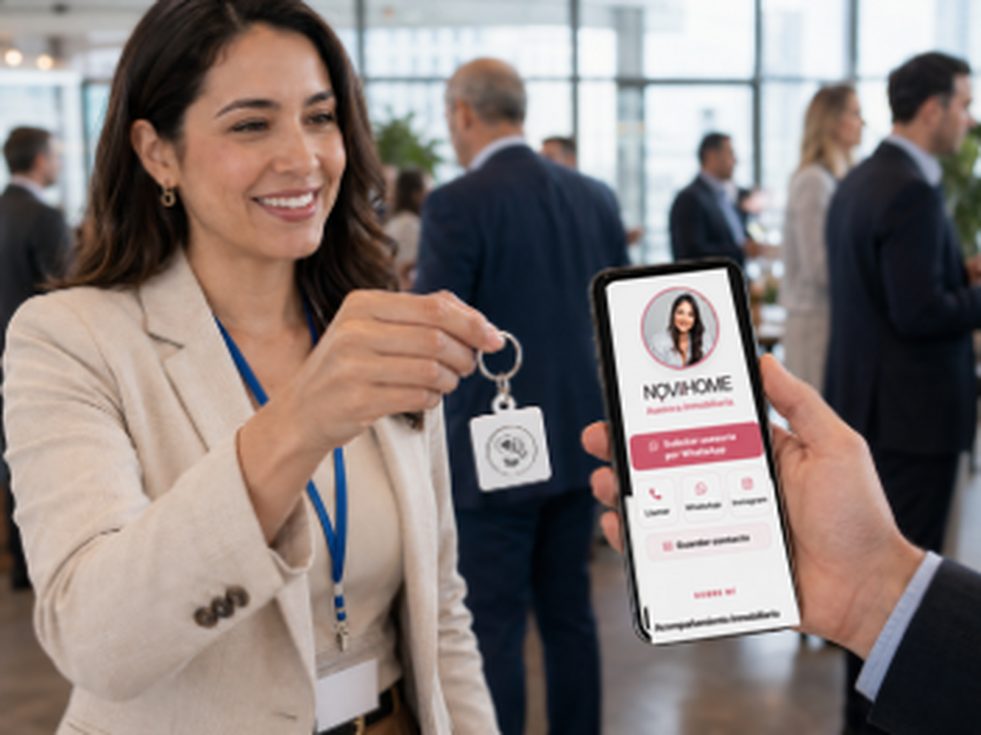 Julia comparte su perfil digital femenino de NOVIHOME desde un llavero Kawvo en un evento